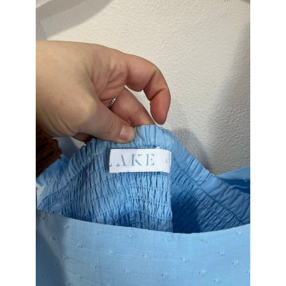 LAKE Light Blue Swiss Dot Smocked Midi Dress Ruffle Strap Cottagecore Coquette L - Picture 8 of 9